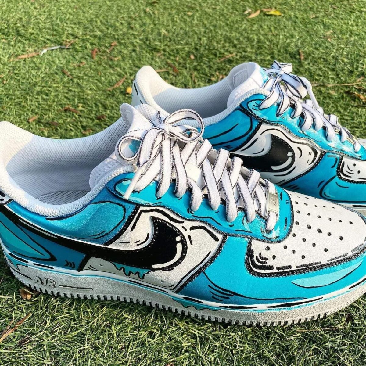 Custom Air Force 1 HandPainted Anime Wedding Sneakers in Comic Blue