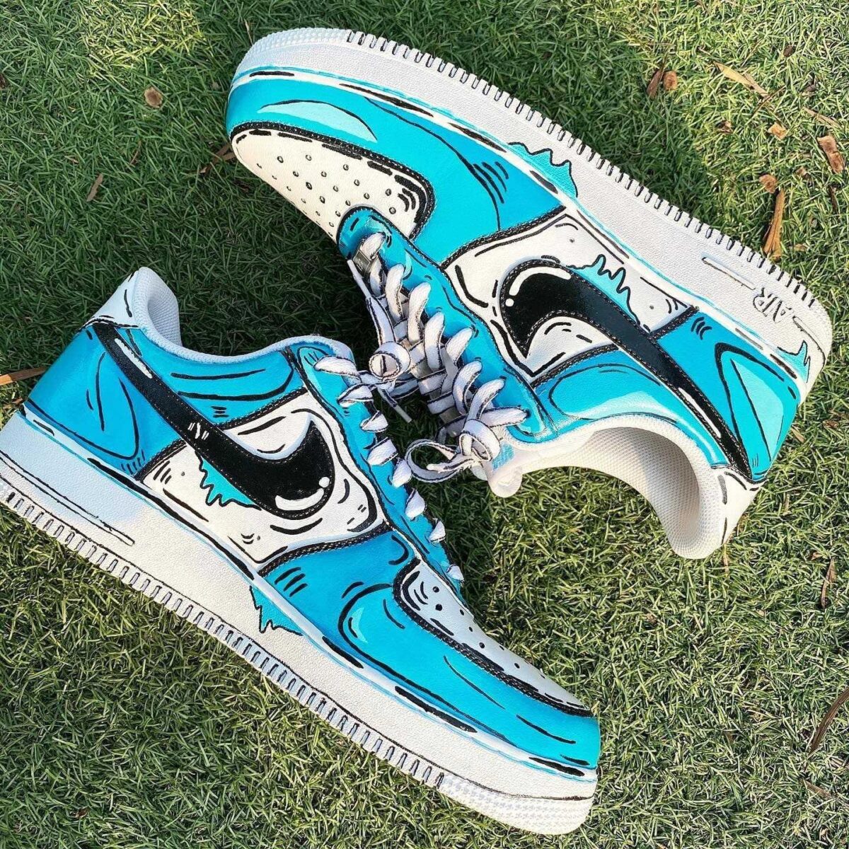 Custom Air Force 1 HandPainted Anime Wedding Sneakers in Comic Blue