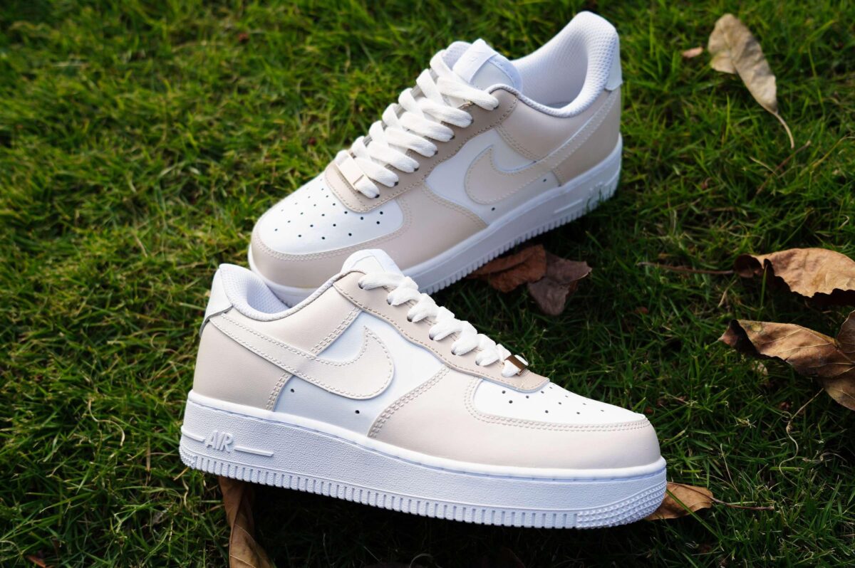 Custom Air Force 1 Unique Cream Tan Brown Tie Sneakers